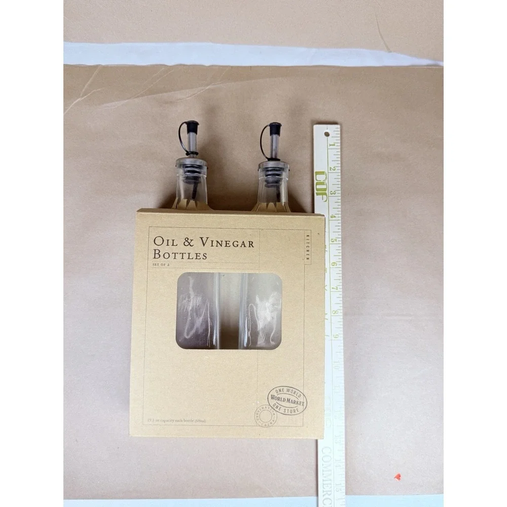 World Market Oil Vinegar Bottles Set 2 Glass 19.3 Oz Pour Spouts New in Box